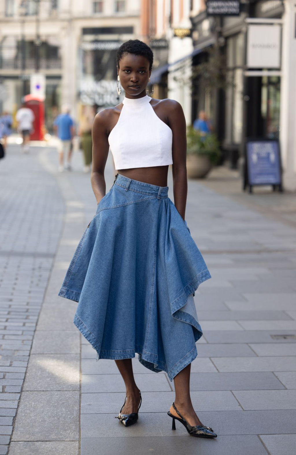 Blue Denim Asymmetrical Midi Skirt – Innes Strong